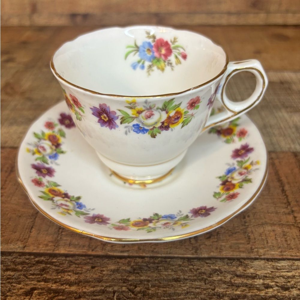 Royal Stafford Bone China Made in England Teacup and Saucer Floral Gold Trim